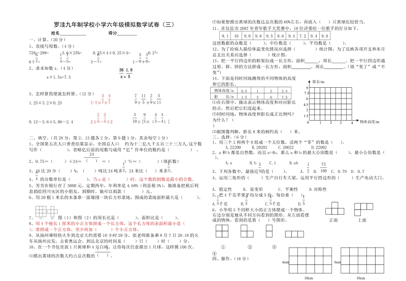 罗洼九年制学校小学六年级模拟数学试卷(三).doc_第1页