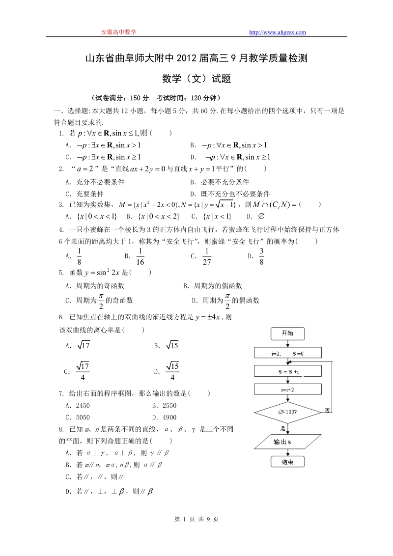 山东省曲阜师大附中2012届高三9月教学质量检测文科.doc_第1页