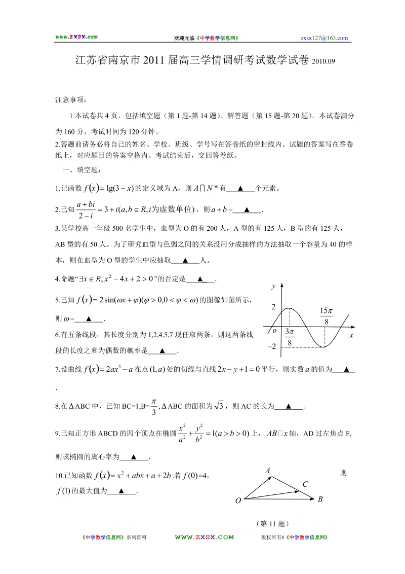 江苏省南京市2011届高三学情调研考试数学试卷.doc_第1页