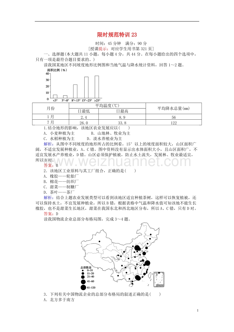 2019年高考地理一轮复习 第八章 区域产业活动 限时规范特训23 产业活动的区位条件和地域联系 湘教版.doc_第1页