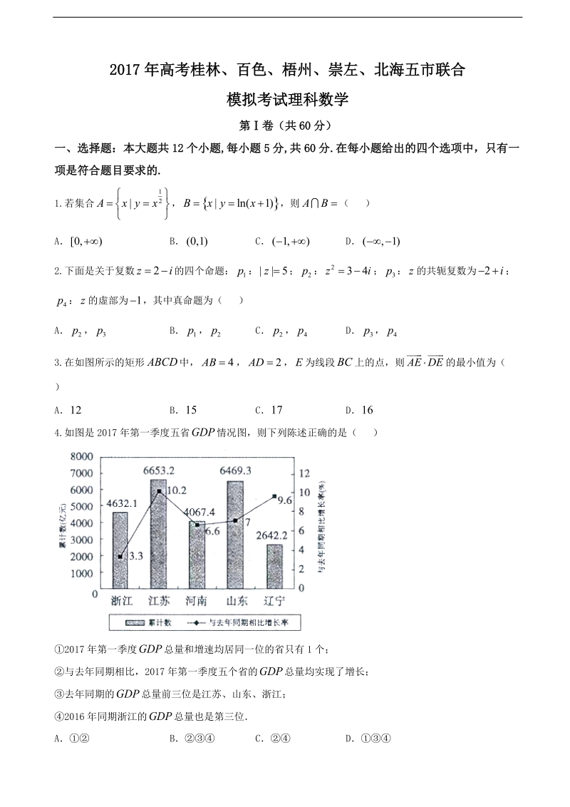 2017年广西桂林，百色，梧州，北海，崇左五市高三5月联合模拟数学（理）试.doc_第1页