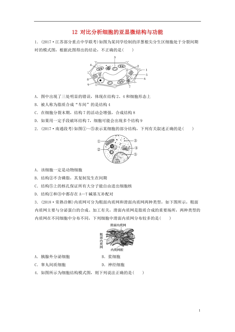 （江苏专版）2019版高考生物一轮复习 热点针对练12 对比分析细胞的亚显微结构与功能 新人教版.doc_第1页