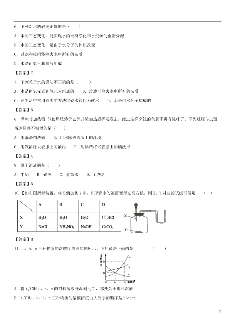 2018年中考化学专题模拟 水与常见溶液练习卷.doc_第2页