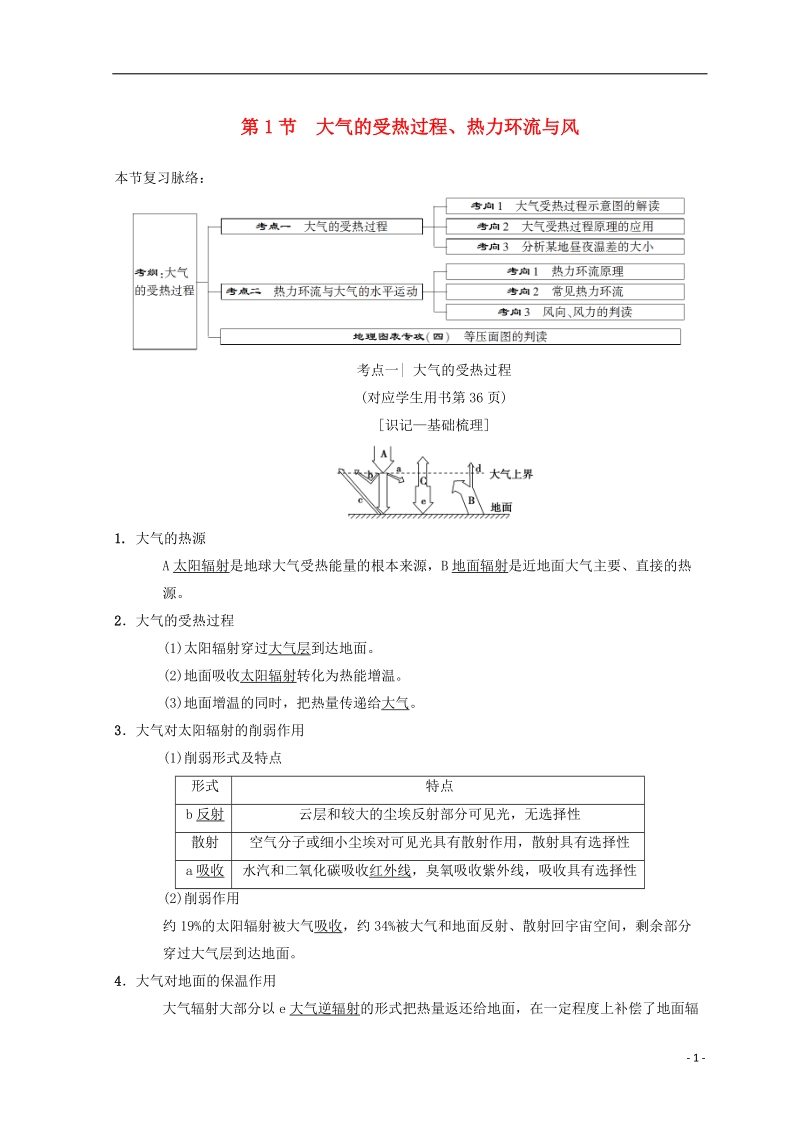 2019届高考地理一轮复习第2章自然地理环境中的物质运动和能量交换第1节大气的受热过程热力环流与风学案中图版.doc_第1页