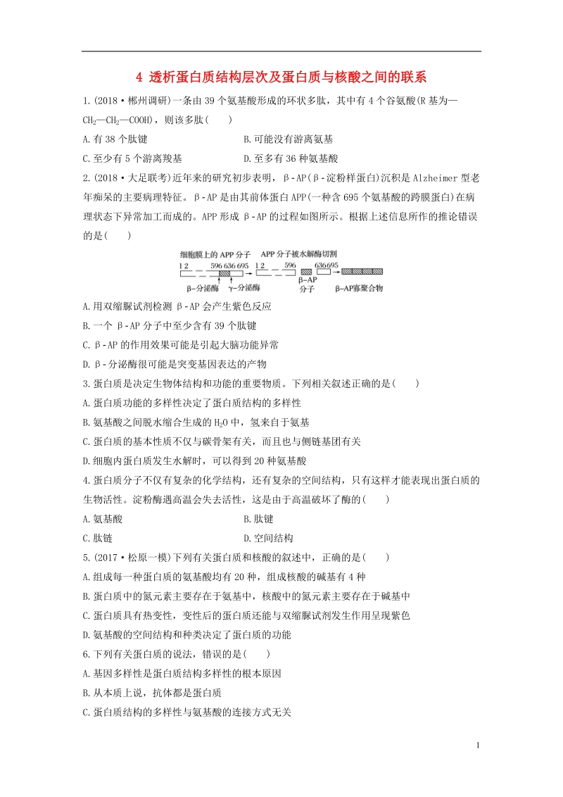 2019版高考生物 重点强化练 第4练 透析蛋白质结构层次及蛋白质与核酸之间的联系 北师大版.doc_第1页