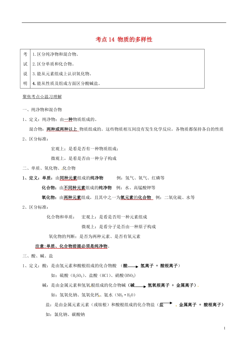 2018年中考化学考点总动员系列 考点14 物质的多样性（含解析）.doc_第1页