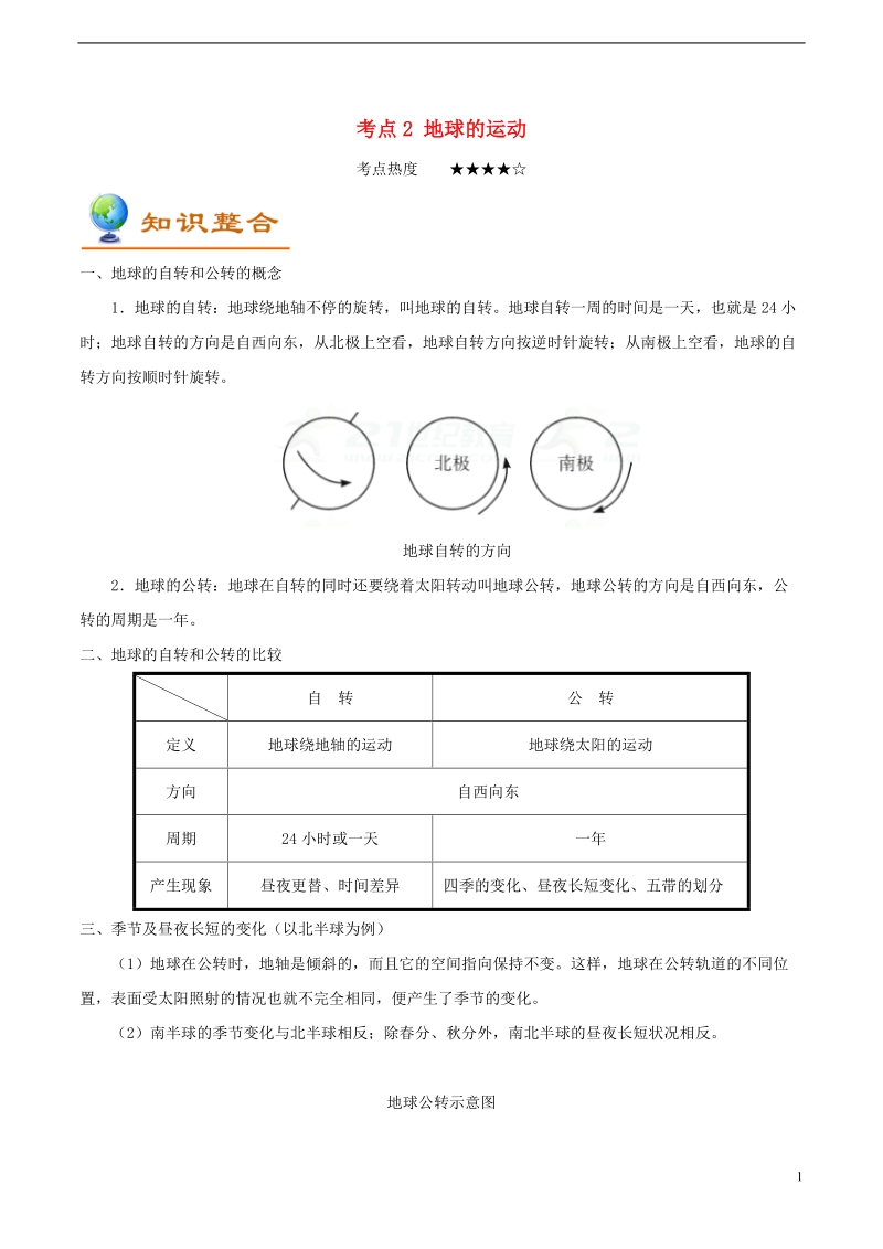 备战2018年中考地理考点一遍过考点2地球的运动含解析.doc_第1页