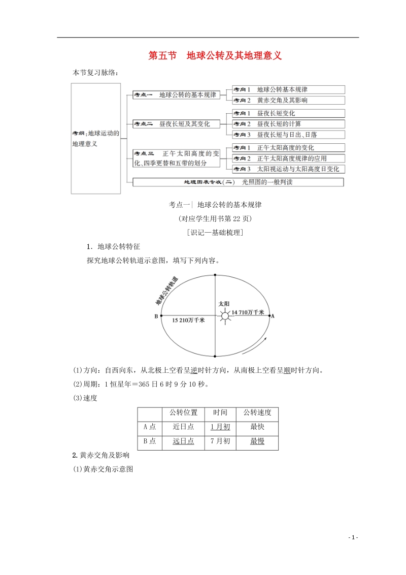 2019版高考地理一轮复习 第1单元 从宇宙看地球（含地球和地图）第5节 地球公转及其地理意义学案 鲁教版.doc_第1页