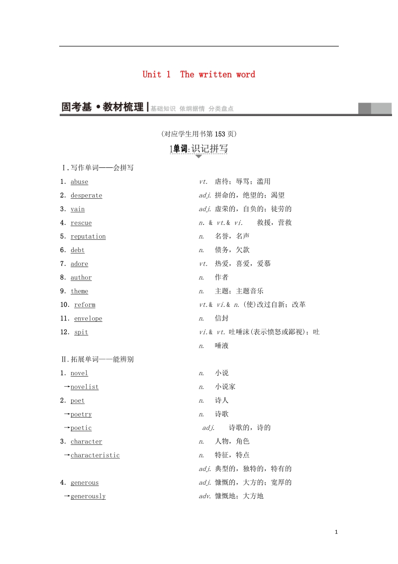 2019版高三英语一轮复习 unit 1 the written word教师用书 牛津译林版选修8.doc_第1页