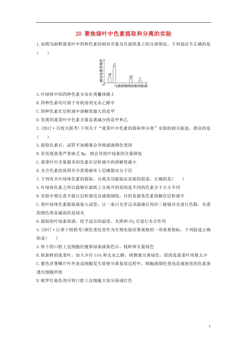 2019届高考生物 加练半小时 第20练 聚焦绿叶中色素提取和分离的实验 苏教版.doc_第1页