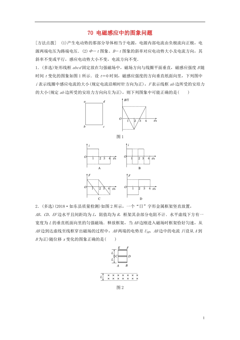 江苏专版2019版高考物理一轮复习第九章电磁感应微专题70电磁感应中的图象问题备考精炼.doc_第1页