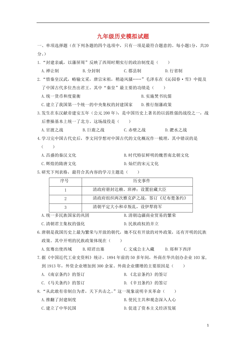 山东省菏泽市定陶县半堤镇2018年度中考历史模拟试题（无答案）.doc_第1页