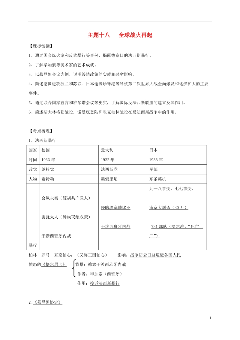 2018年中考历史总复习 第一篇章 教材巩固 主题十八 全球战火再起试题.doc_第1页