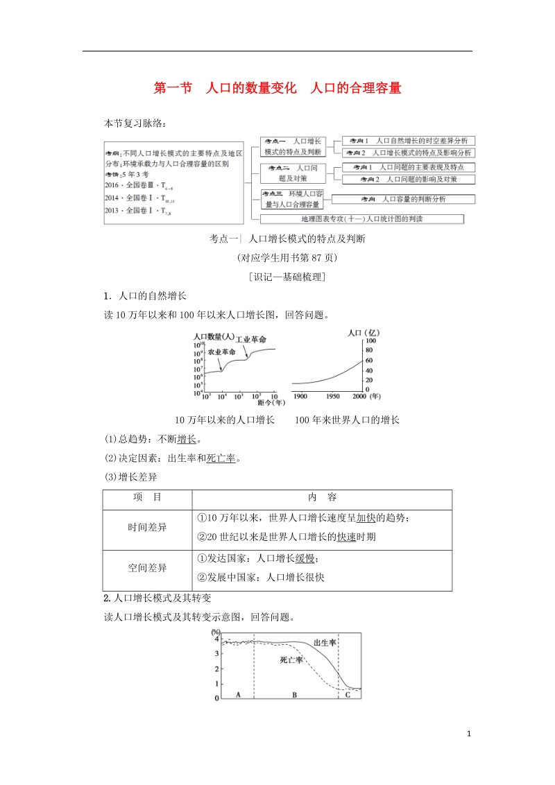 2019版高考地理一轮复习 第6章 人口的变化 第1节 人口的数量变化 人口的合理容量学案 新人教版.doc_第1页