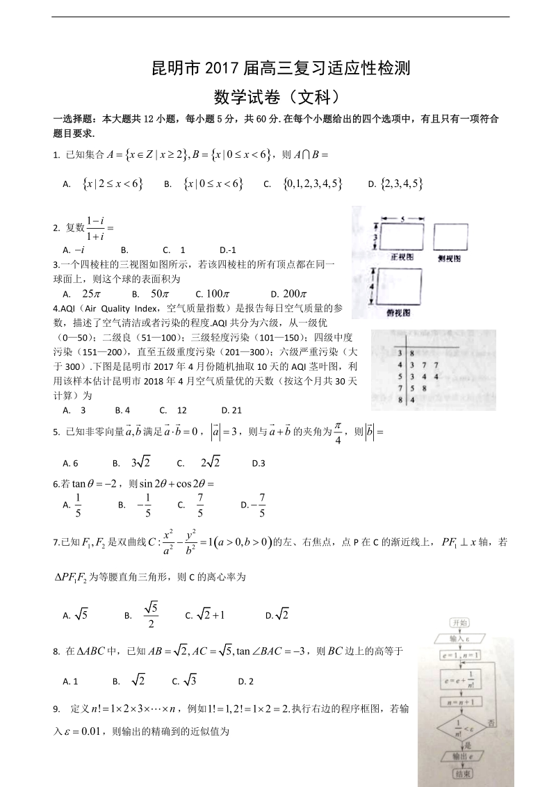 2017年云南省昆明市高三5月复习适应性检测数学（文）试题.doc_第1页