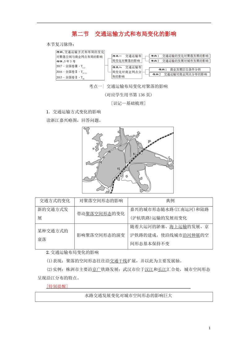 2019版高考地理一轮复习 第10章 交通运输布局及其影响 第2节 交通运输方式和布局变化的影响学案 新人教版.doc_第1页