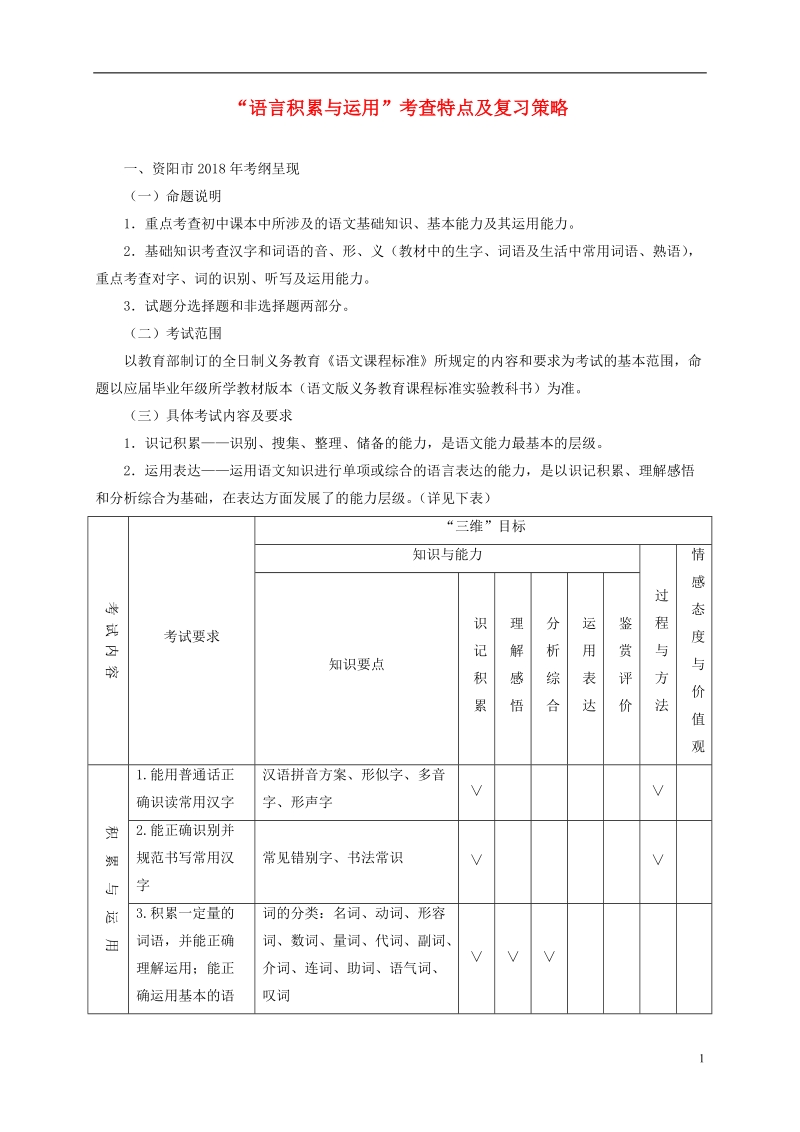 四川省安岳县2018版中考语文 复习专题一 语言积累与运用 考查特点及复习策略.doc_第1页