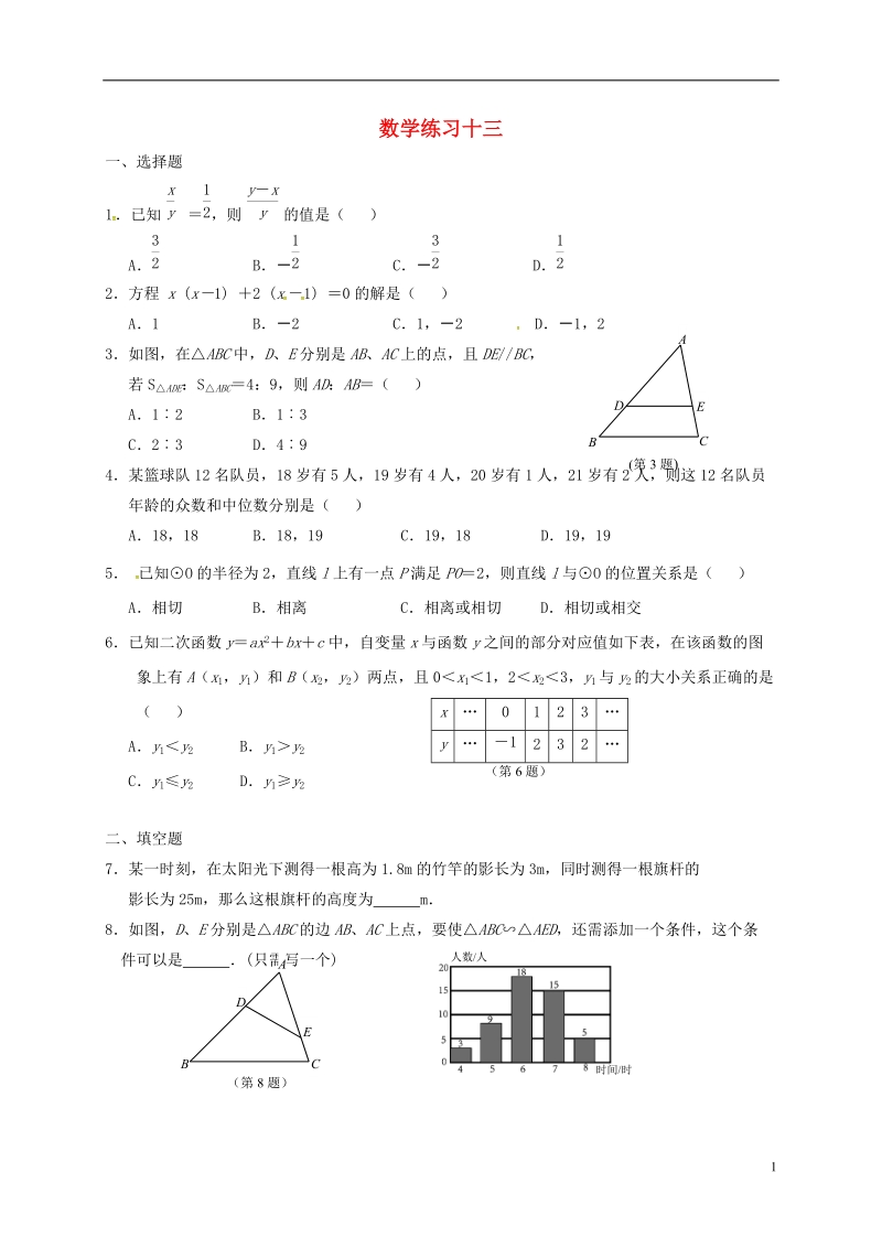 江苏省南京市溧水区九年级数学上学期第（十三）课练习（无答案） 苏科版.doc_第1页