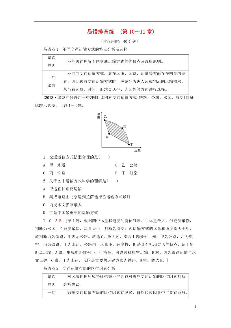 2019版高考地理一轮复习 易错排查练 第10章 交通运输布局及其影响 第11章 人类与地理环境的协调发展 新人教版.doc_第1页