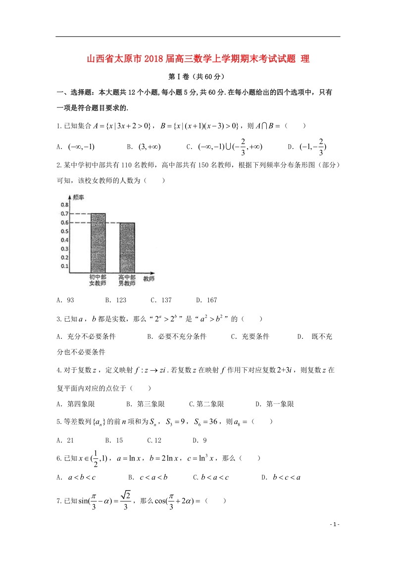 山西省太原市2018版高三数学上学期期末考试试题理.doc_第1页