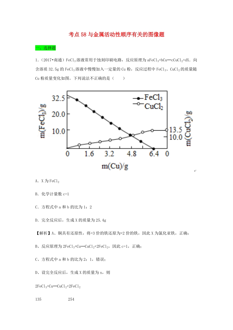 2017年中考化学试题分类汇编 考点58 与金属活动性顺序有关的图像题（含解析）.doc_第1页