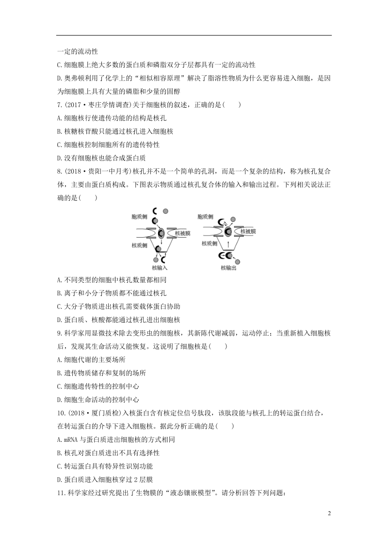 2019版高考生物 重点强化练 第8练 从结构与功能的关系理解细胞膜、细胞核 北师大版.doc_第2页