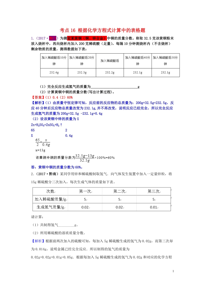 2017年中考化学试题分类汇编 考点16 根据化学方程式计算中的表格题（含解析）.doc_第1页