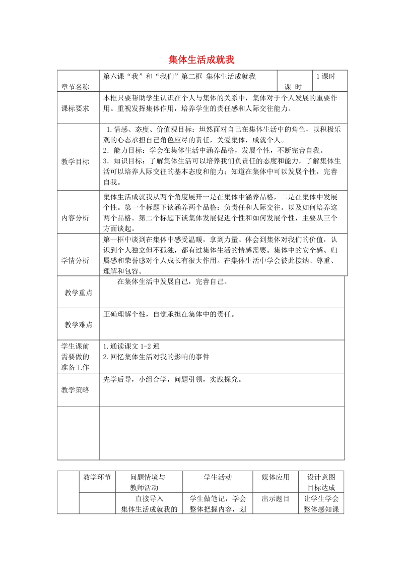 七年级道德与法治下册 第三单元 在集体中成长 第六课“我”和“我们”第2框《集体生活成就我》教案 新人教版.doc_第1页