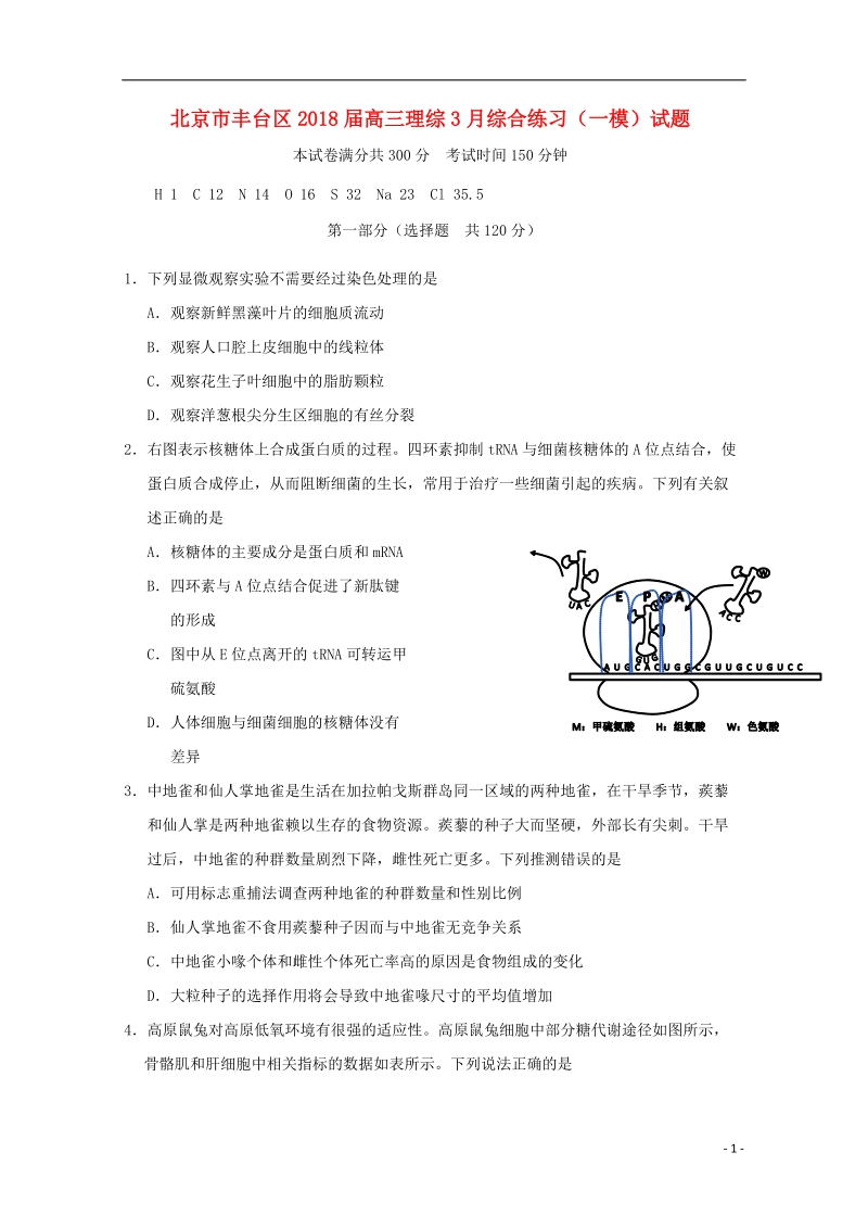 北京市丰台区2018版高三理综3月综合练习一模试题.doc_第1页