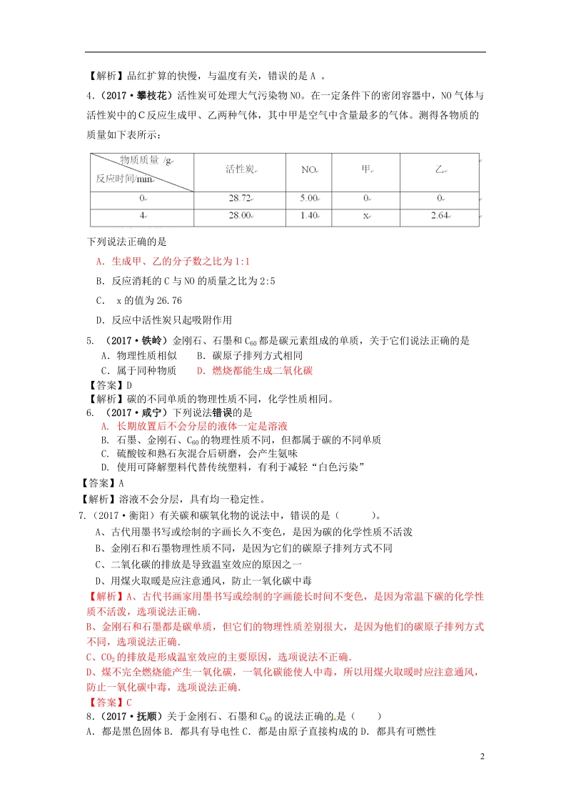 2017年中考化学试题分类汇编 考点44 碳的单质（含解析）.doc_第2页