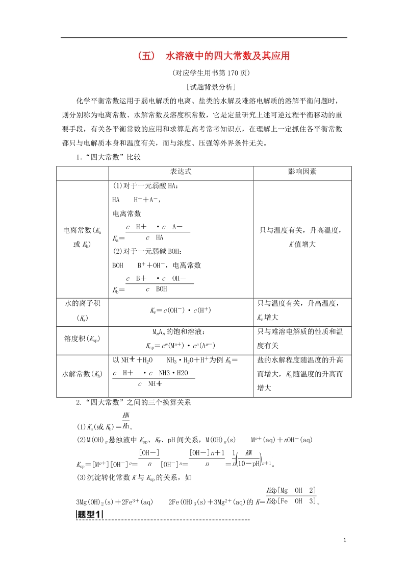 2019届高考化学一轮复习第8章物质在水溶液中的行为高考专题讲座五水溶液中的四大常数及其应用学案鲁科版.doc_第1页