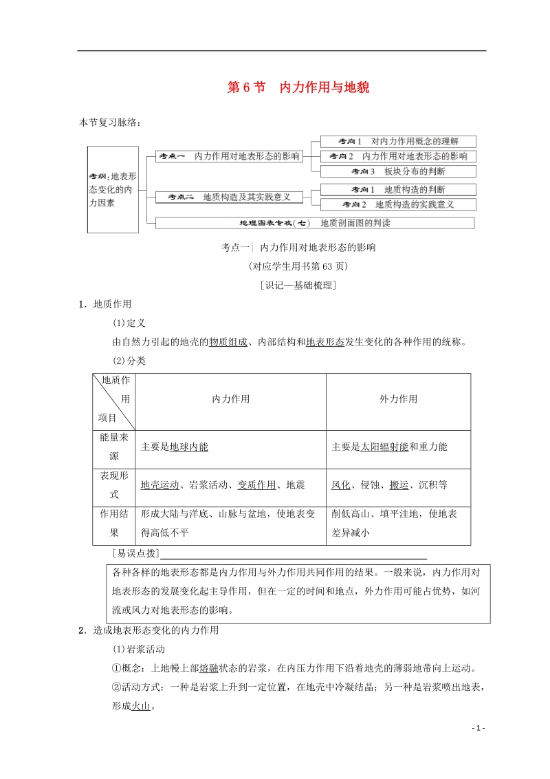 2019届高考地理一轮复习 第2章 自然地理环境中的物质运动和能量交换 第6节 内力作用与地貌学案 中图版.doc_第1页