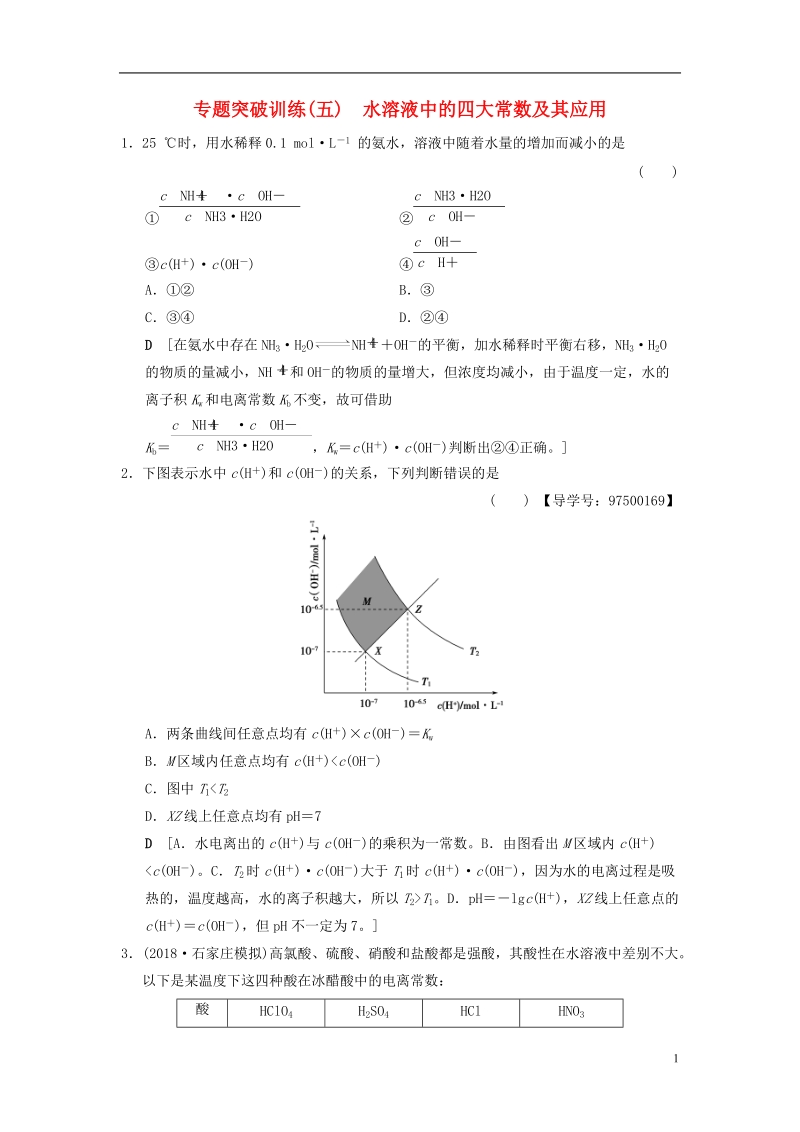 全国通用2019版高考化学一轮复习专题突破训练5水溶液中的四大常数及其应用.doc_第1页