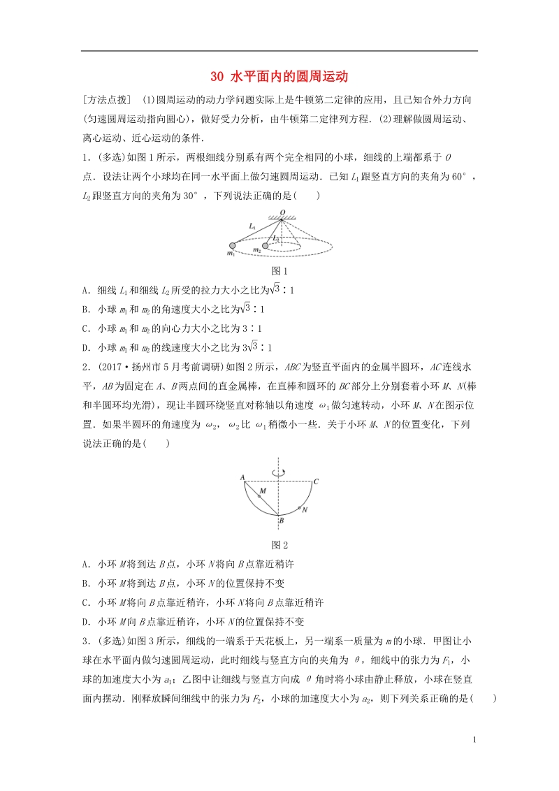 江苏专版2019版高考物理一轮复习第四章曲线运动万有引力与航天微专题30水平面内的圆周运动备考精炼.doc_第1页