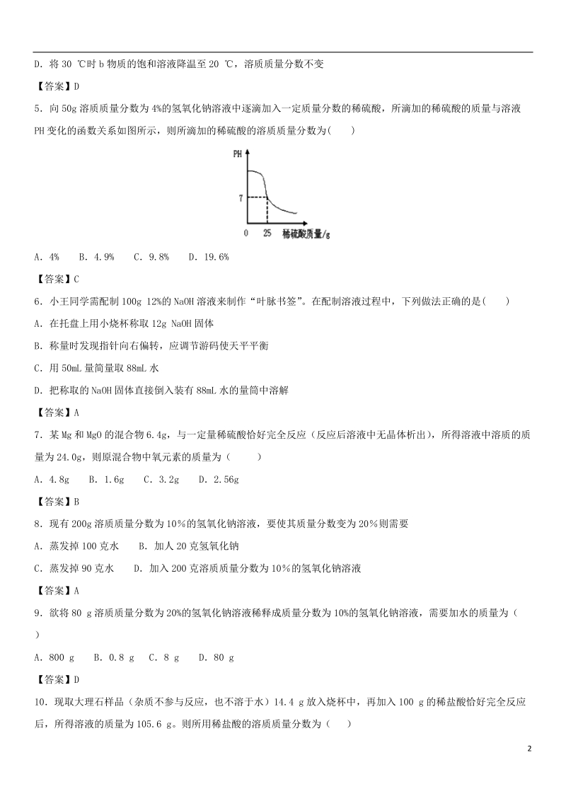 2018年中考化学专题模拟 溶液的计算练习卷.doc_第2页