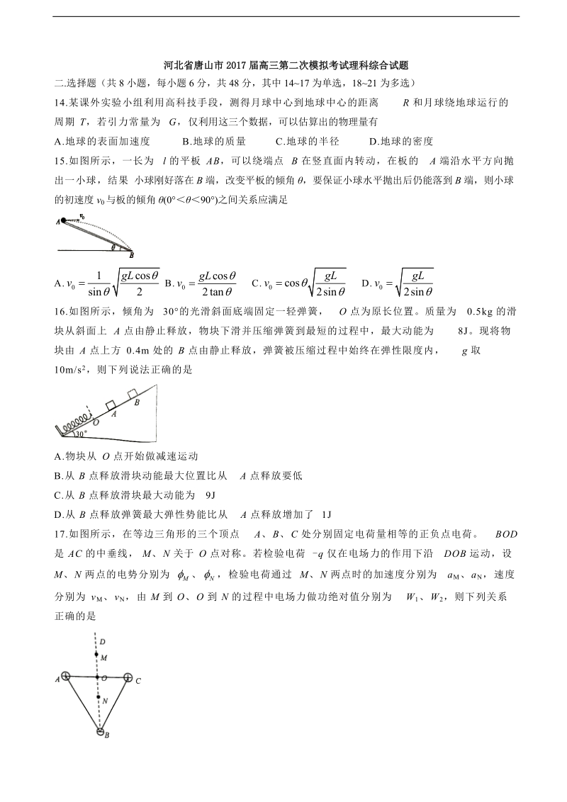 2017年河北省唐山市高三第二次模拟考试理综物理试题.doc_第1页