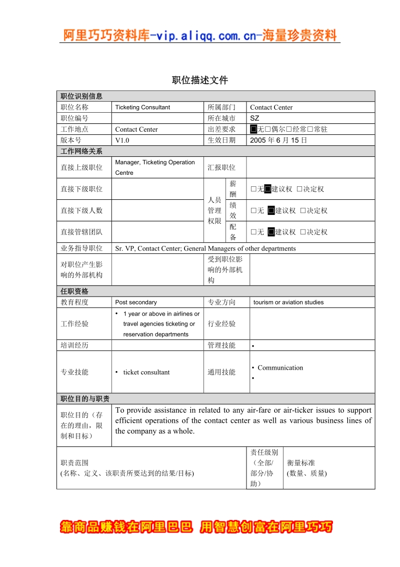 职位描述-航空票务顾问.doc_第1页