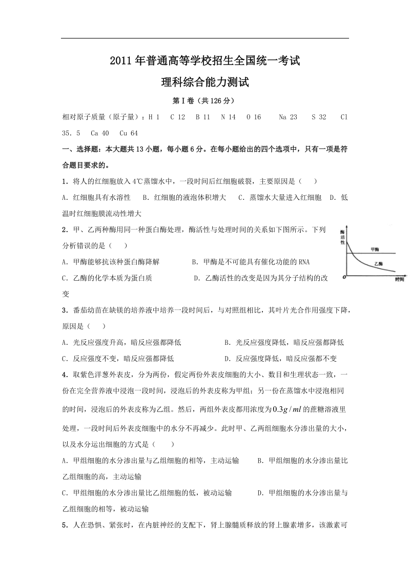 2011年全国高考理综1卷试题及答案.doc_第1页