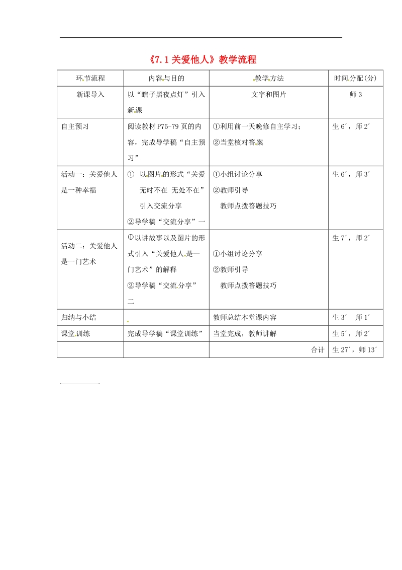 广东省河源市2018年八年级道德与法治上册第三单元勇担社会责任第七课积极奉献社会第1框《关爱他人》教学流程新人教版.doc_第1页