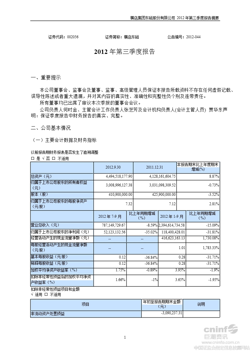 横店东磁：2012年第三季度报告正文.ppt_第1页