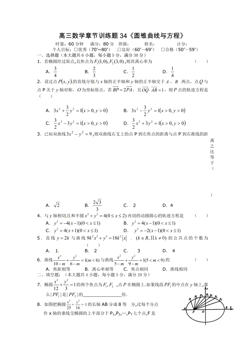 高中数学分章节训练试题：34圆锥曲线与方程.pdf_第1页