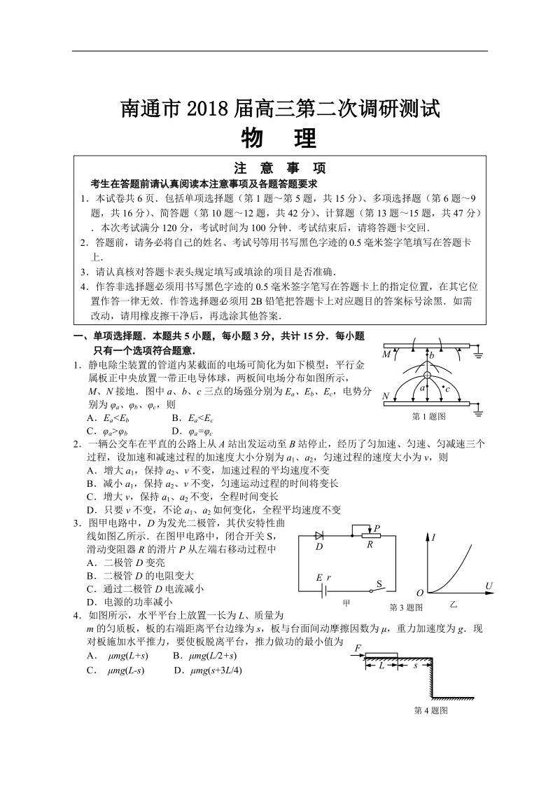 2018年江苏省南通市等六市高三物理第二次调研测试物理试题.doc_第1页