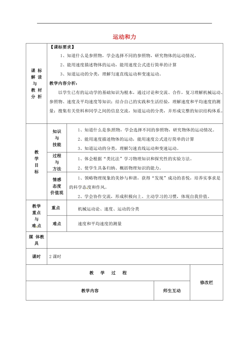 甘肃省武威第十一中学中考物理考点复习7 运动和力教案.doc_第1页