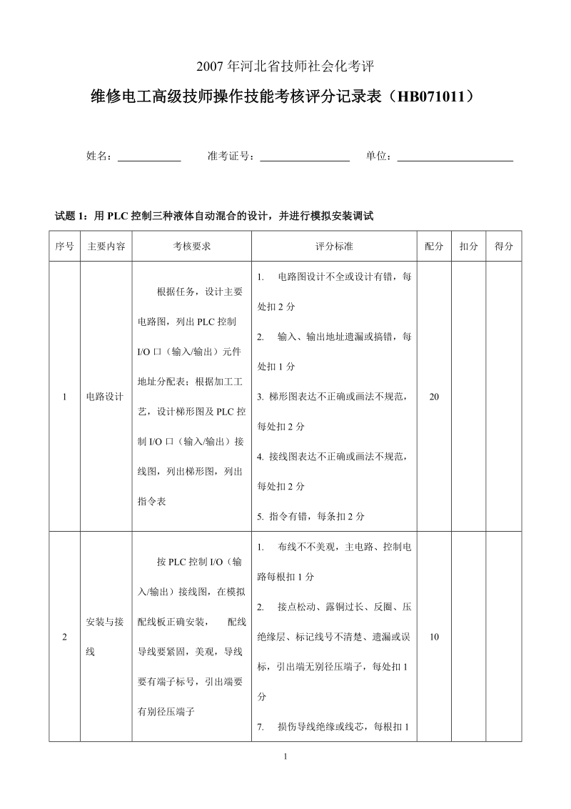 评分表(2007高级改)高级技师操作技能考核.doc_第1页