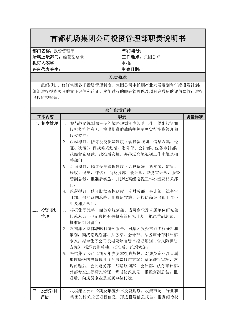 机场集团公司投资管理部职责说明书.doc_第1页