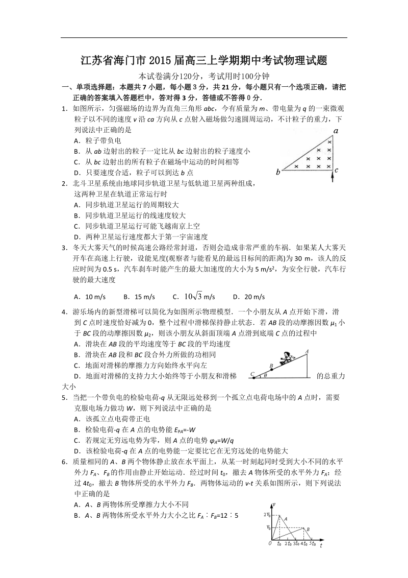 江苏省海门市2015年高三上学期期中考试物理试题 word版.doc_第1页