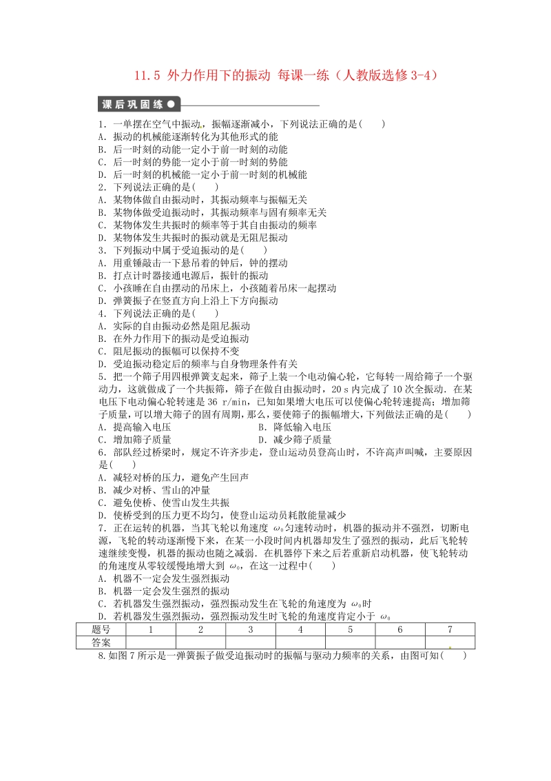 高中物理 11.5 外力作用下的振动每课一练 新人教版选修3-4.pdf_第1页