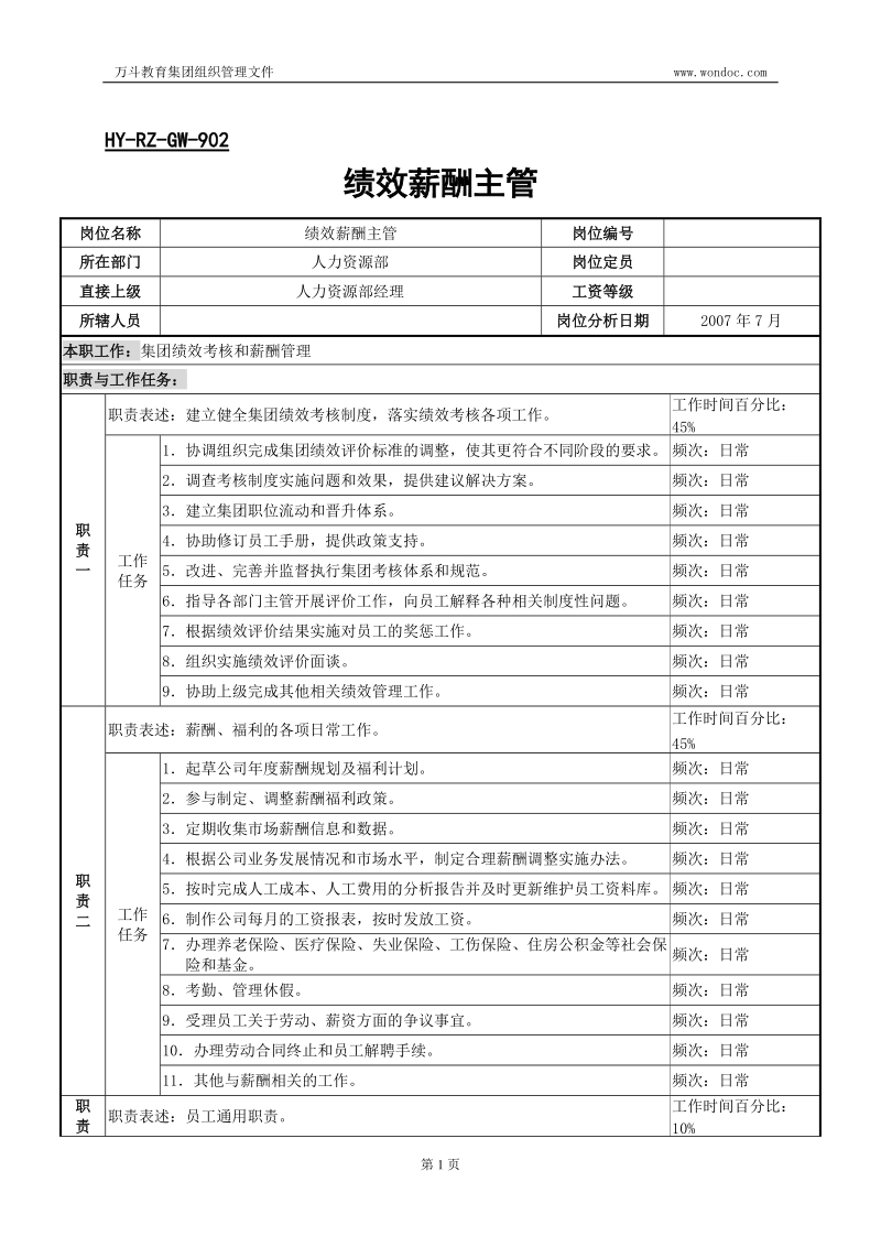 绩效薪酬主管岗位说明书.doc_第1页