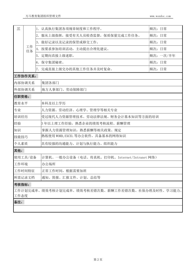 绩效薪酬主管岗位说明书.doc_第2页