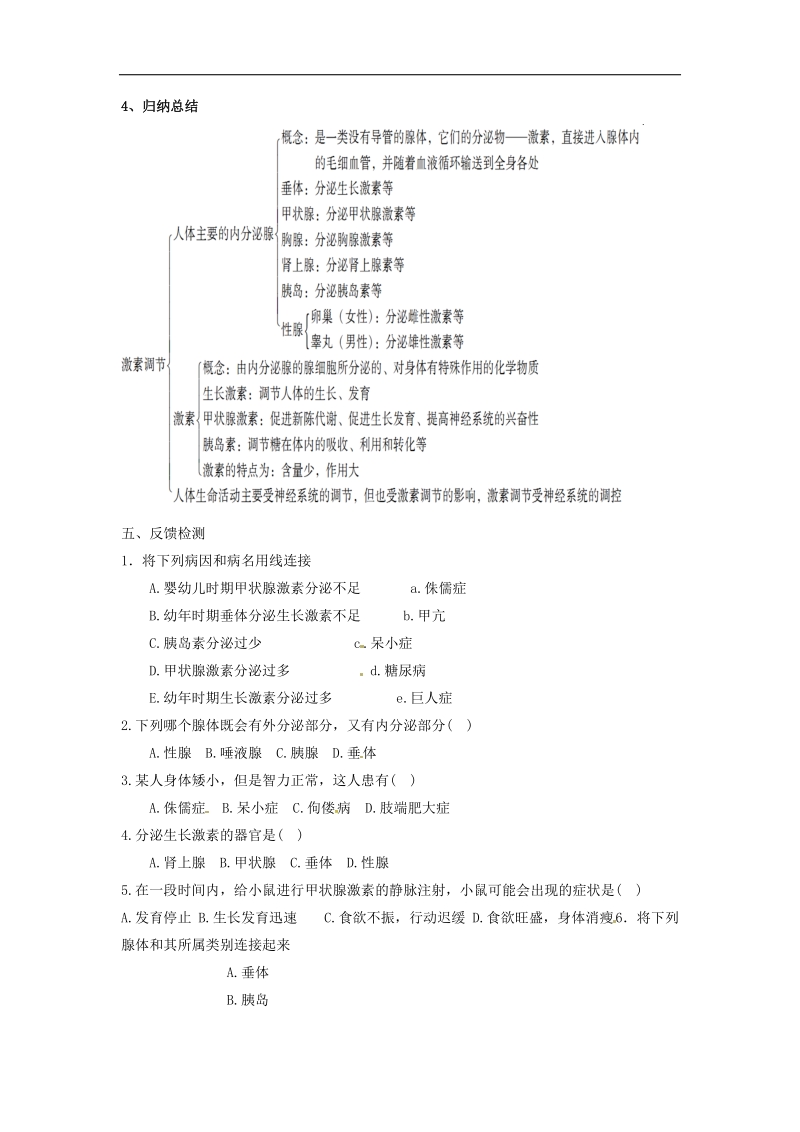 天津市宁河区2018年七年级生物下册4.6.4激素调节学案（无答案）（新版）新人教版.doc_第2页